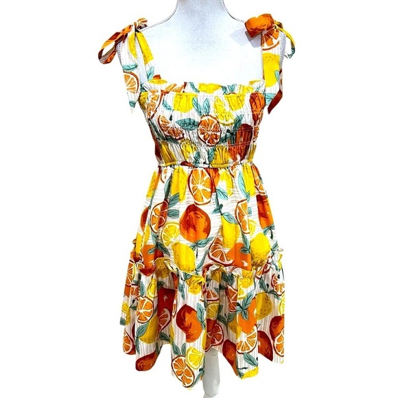 Nwot Pinch smocked mini tiered sun dress lemon & orange print lined size medium - Picture 5 of 14